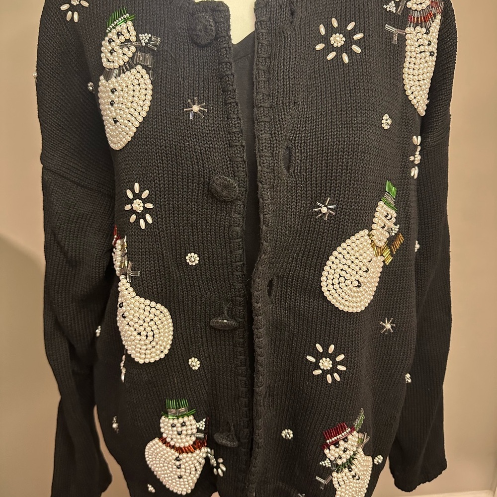 Victoria Jones Woman Black Cardigan Sweater with Whimsical Snowmen